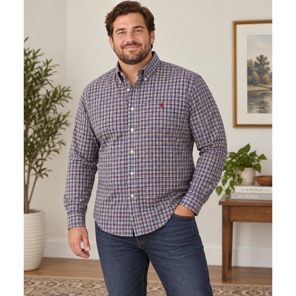 Ralph Lauren Button Down Shirt Plaid Navy Red XXL Custom Fit Long Sleeve